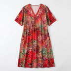 Women’s V Neck Midi Dress – Short Sleeve Printed