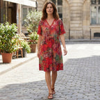Women’s V Neck Midi Dress – Short Sleeve Printed