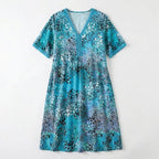 Women’s V Neck Midi Dress – Short Sleeve Printed