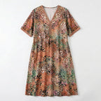 Women’s V Neck Midi Dress – Short Sleeve Printed