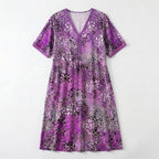 Women’s V Neck Midi Dress – Short Sleeve Printed