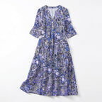 Women’s V Neck Midi Dress – Three Quarter Sleeve Printed