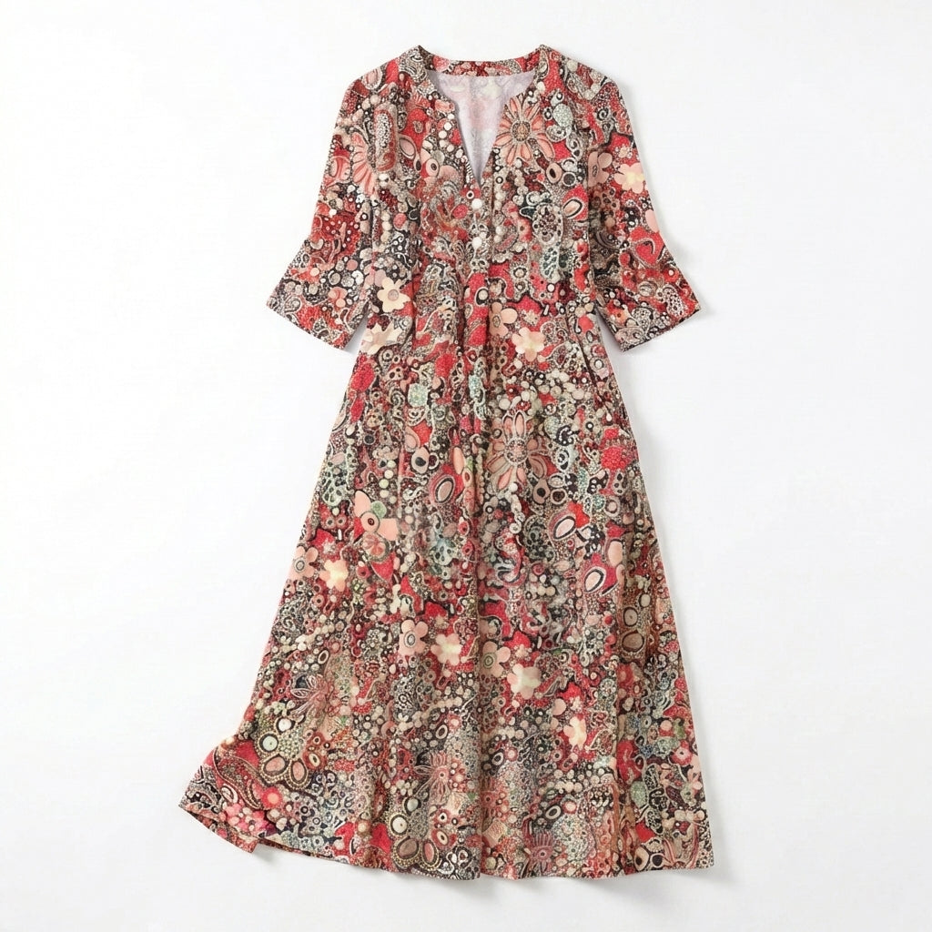 Women’s V Neck Midi Dress – Three Quarter Sleeve Printed