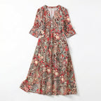 Women’s V Neck Midi Dress – Three Quarter Sleeve Printed
