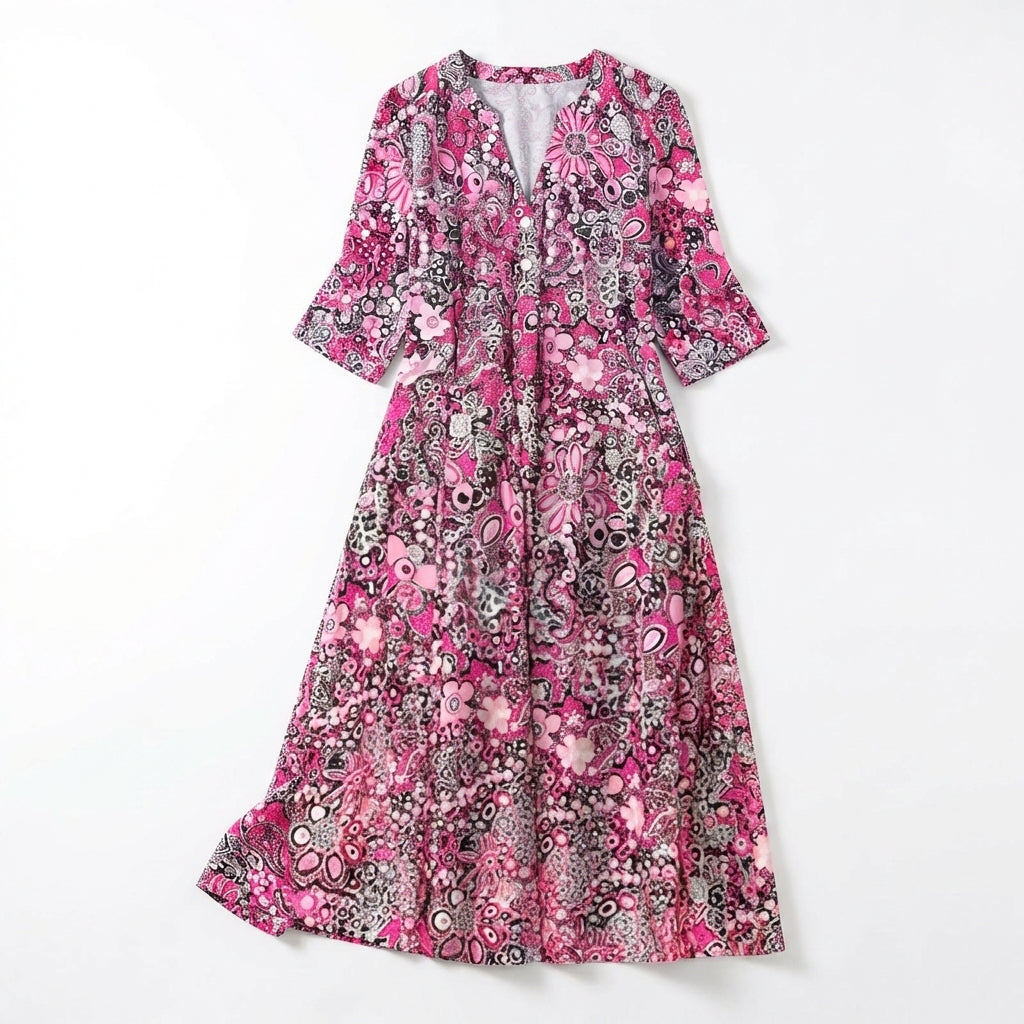 Women’s V Neck Midi Dress – Three Quarter Sleeve Printed