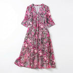 Women’s V Neck Midi Dress – Three Quarter Sleeve Printed
