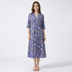 Women’s V Neck Midi Dress – Three Quarter Sleeve Printed