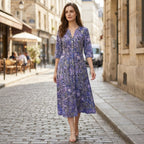 Women’s V Neck Midi Dress – Three Quarter Sleeve Printed