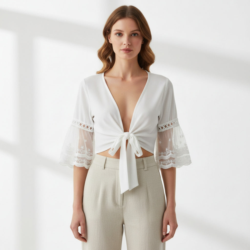 Women’s V-Neck Tie Front Blouse – Sheer Lace Sleeve Design