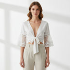 Women’s V-Neck Tie Front Blouse – Sheer Lace Sleeve Design