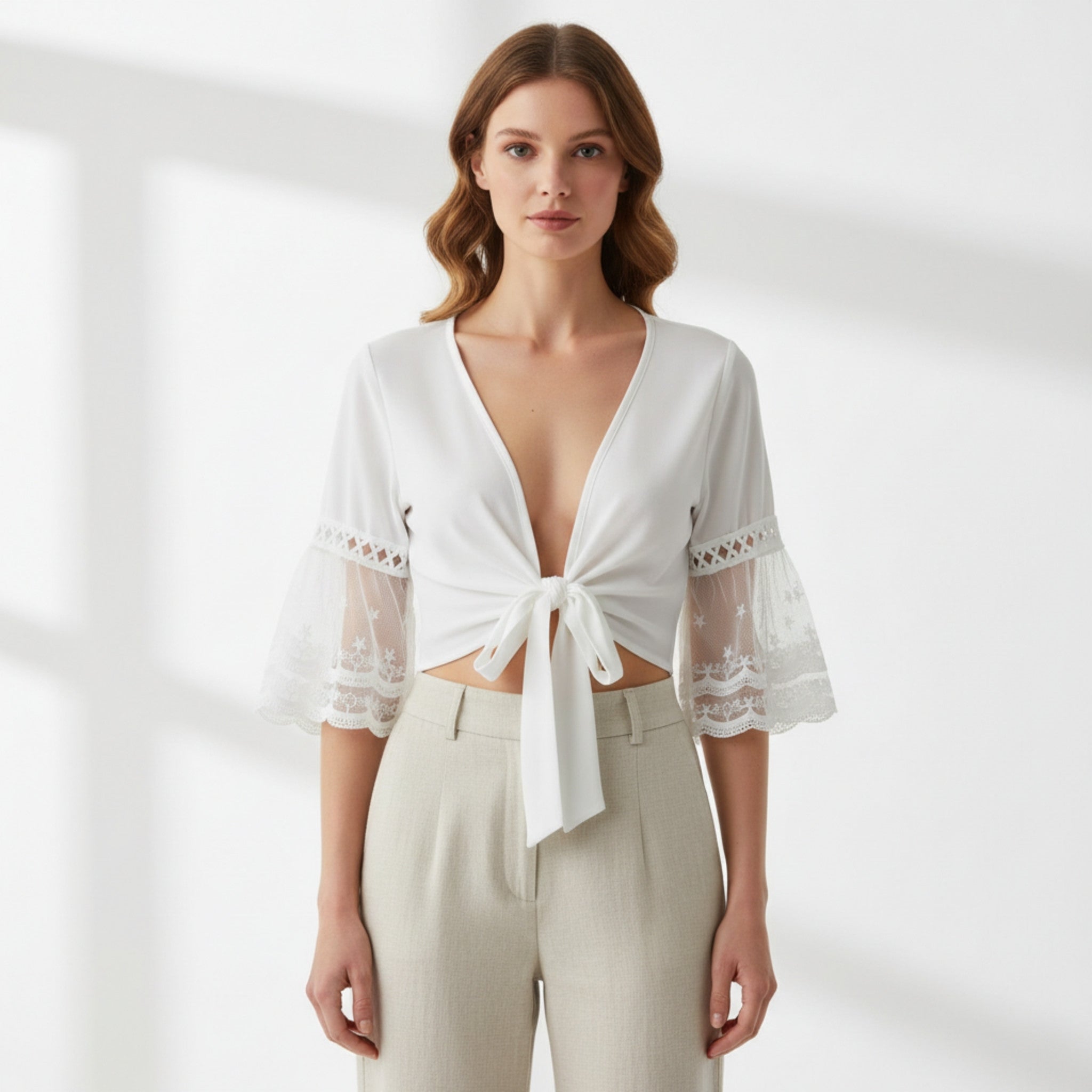 Women’s V-Neck Tie Front Blouse – Sheer Lace Sleeve Design