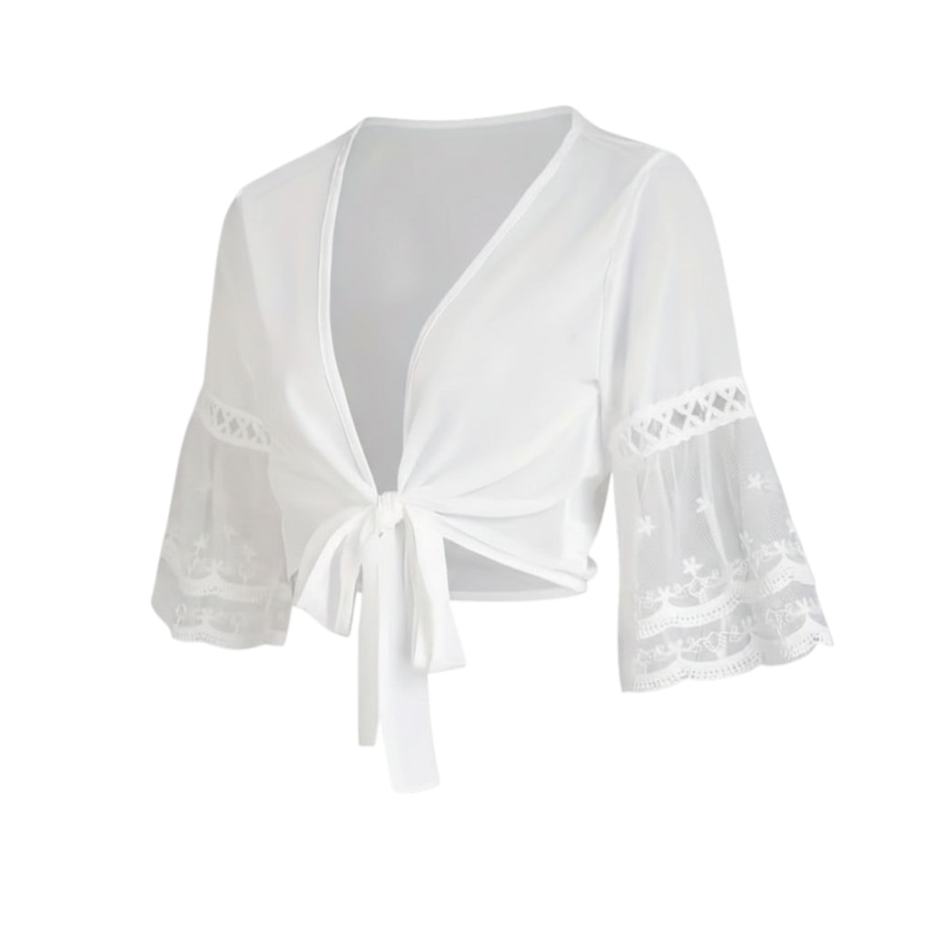 Women’s V-Neck Tie Front Blouse – Sheer Lace Sleeve Design