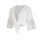 Women’s V-Neck Tie Front Blouse – Sheer Lace Sleeve Design