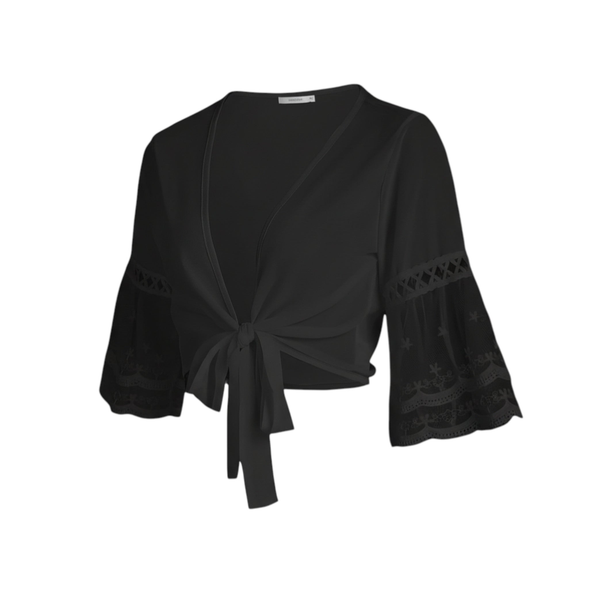 Women’s V-Neck Tie Front Blouse – Sheer Lace Sleeve Design