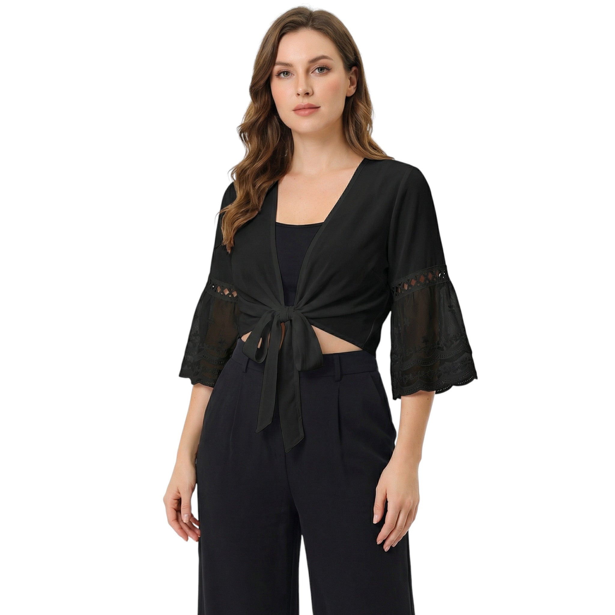 Women’s V-Neck Tie Front Blouse – Sheer Lace Sleeve Design