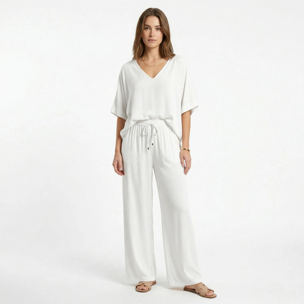 Women’s V-Neck Top and Wide Leg Trousers Two Piece Set