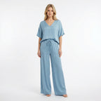 Women’s V-Neck Top and Wide Leg Trousers Two Piece Set