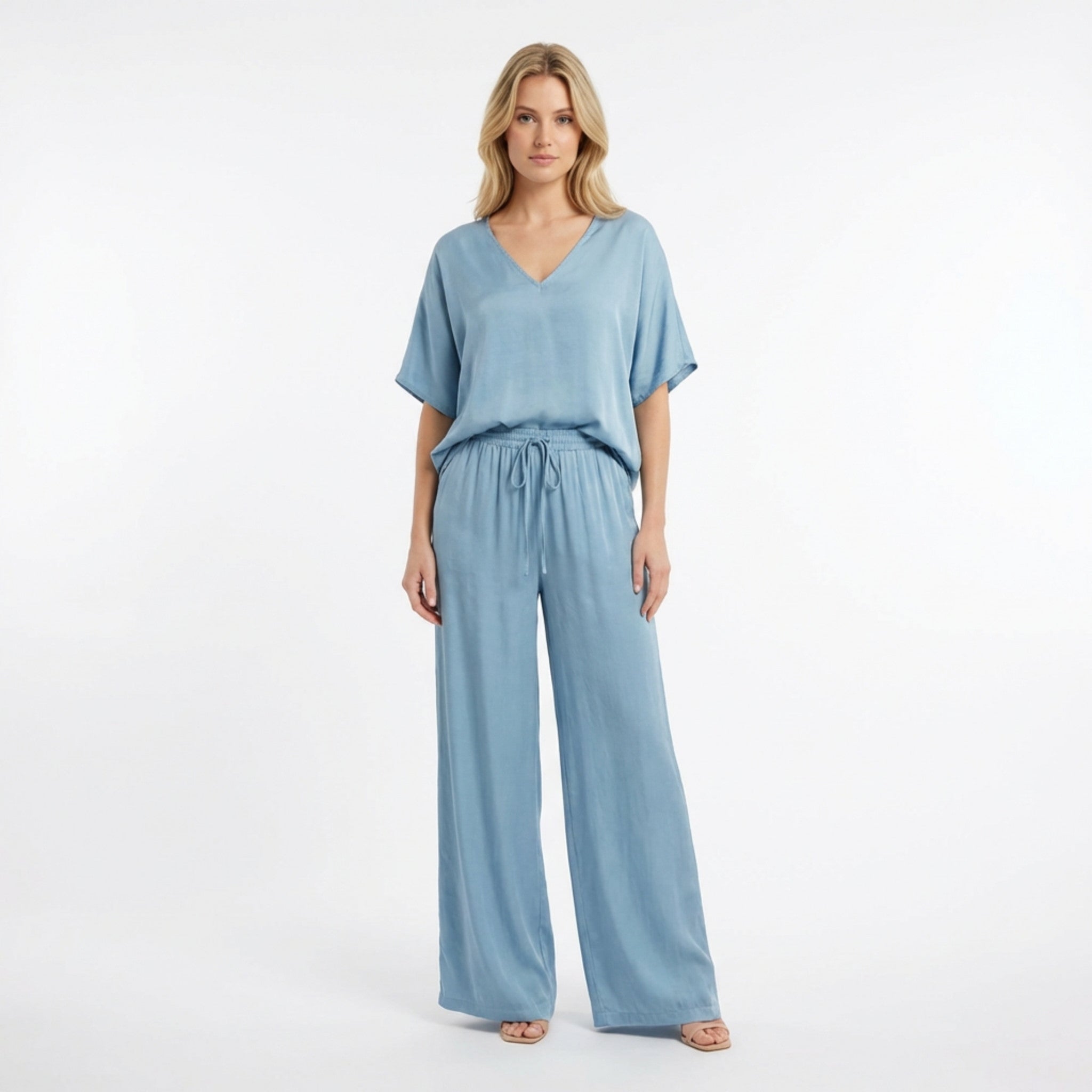 Women’s V-Neck Top and Wide Leg Trousers Two Piece Set