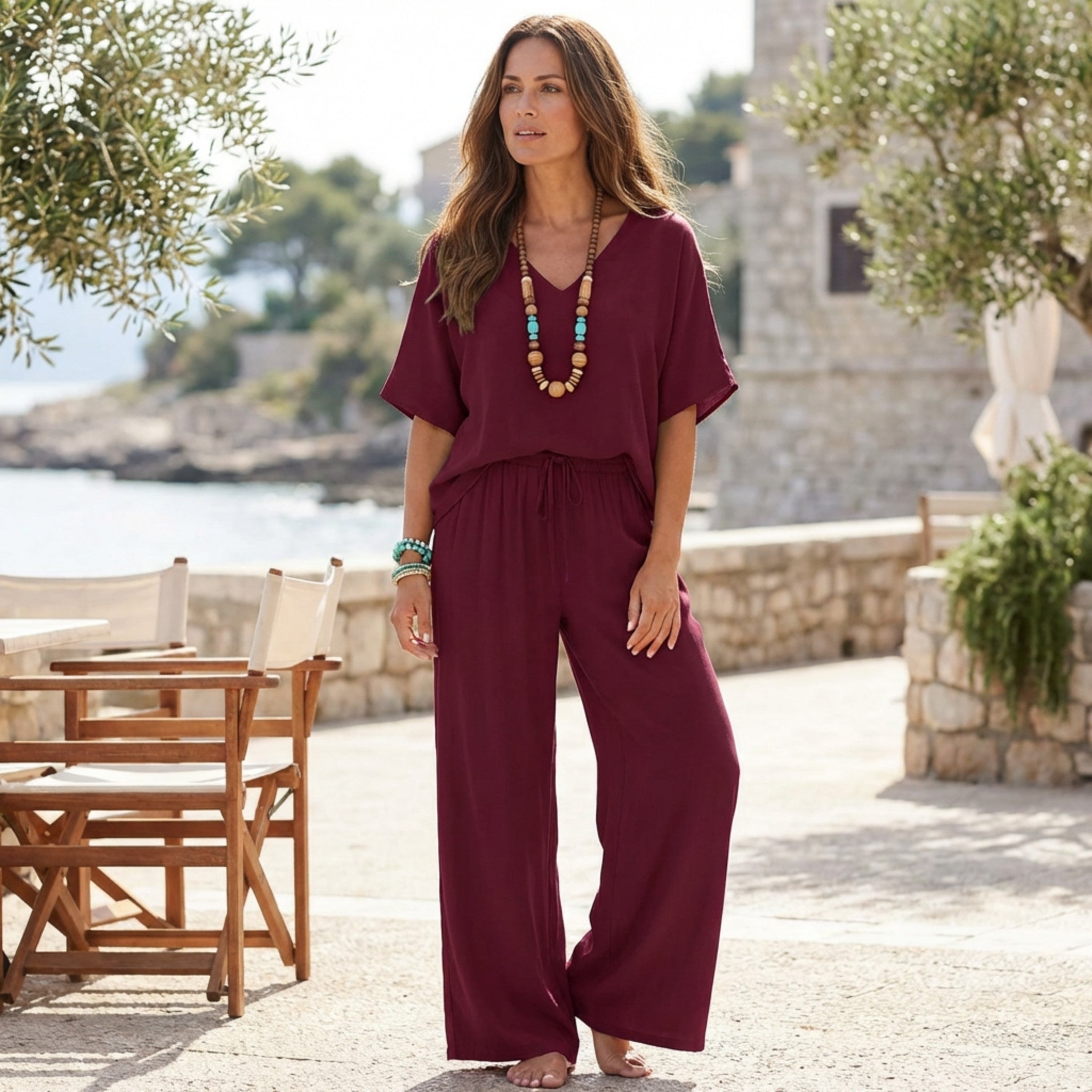 Women’s V-Neck Top and Wide Leg Trousers Two Piece Set