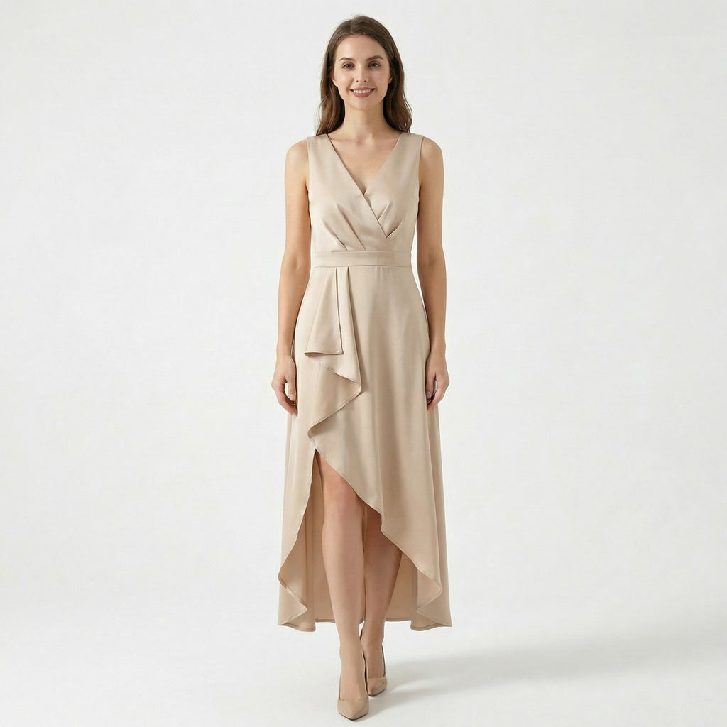 Women’s Wrap Midi Dress – Sleeveless V Neck Asymmetric Hem