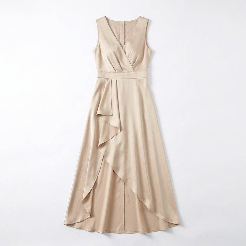 Women’s Wrap Midi Dress – Sleeveless V Neck Asymmetric Hem
