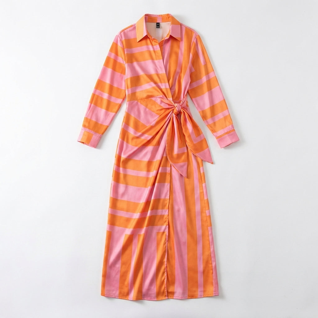 Women’s Wrap Midi Dress – Long Sleeve Tie Waist