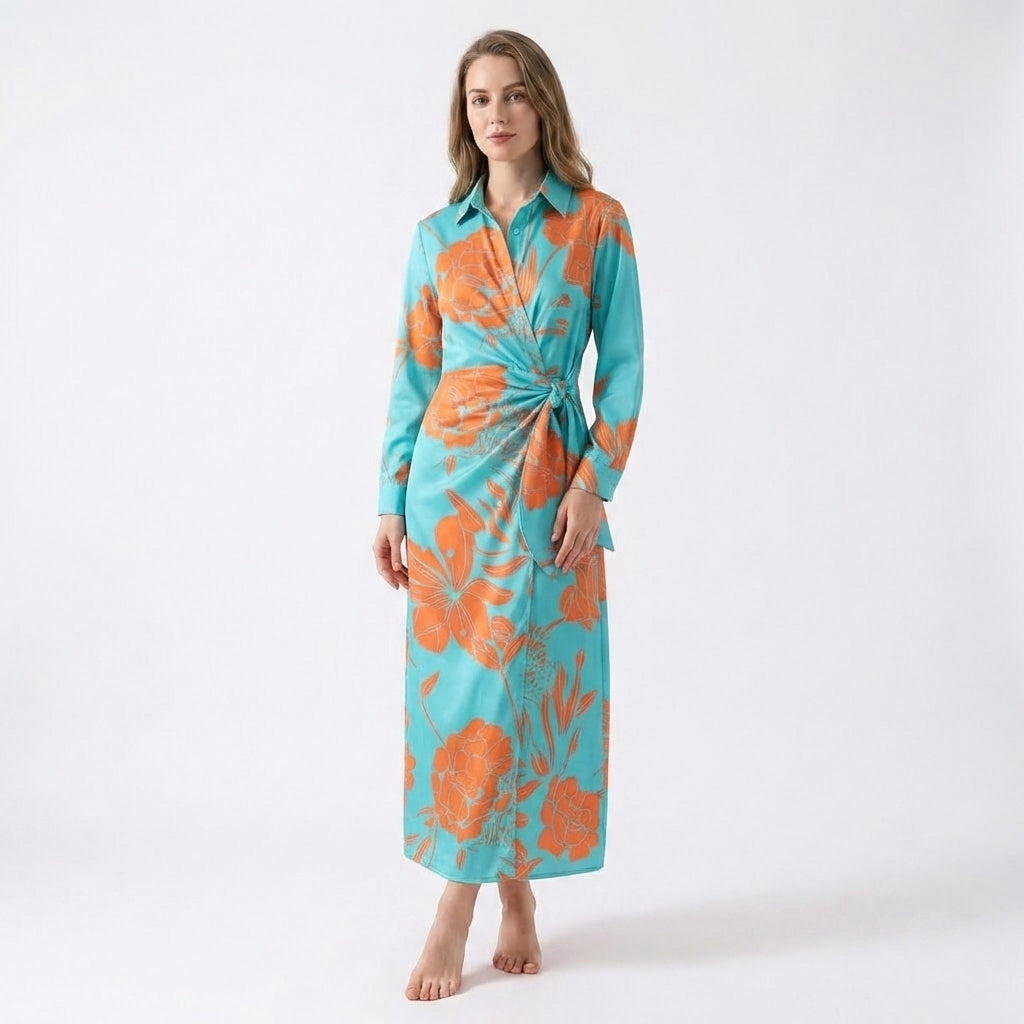 Women’s Wrap Midi Dress – Long Sleeve Tie Waist