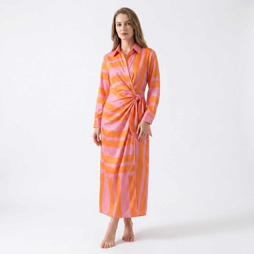 Women’s Wrap Midi Dress – Long Sleeve Tie Waist